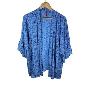 Ruby‎ Ribbon XL Ruffle Sleeve Wrap Blue Floral Top Cardigan (Missing Tie) Office